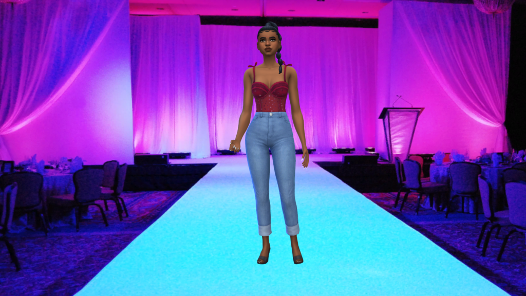 A sim in high waisted blue jeans and a red corset bodysuit with their hair in a braid. This sim is standing on a cat walk that is blue with a background that is pink to purple ombre.