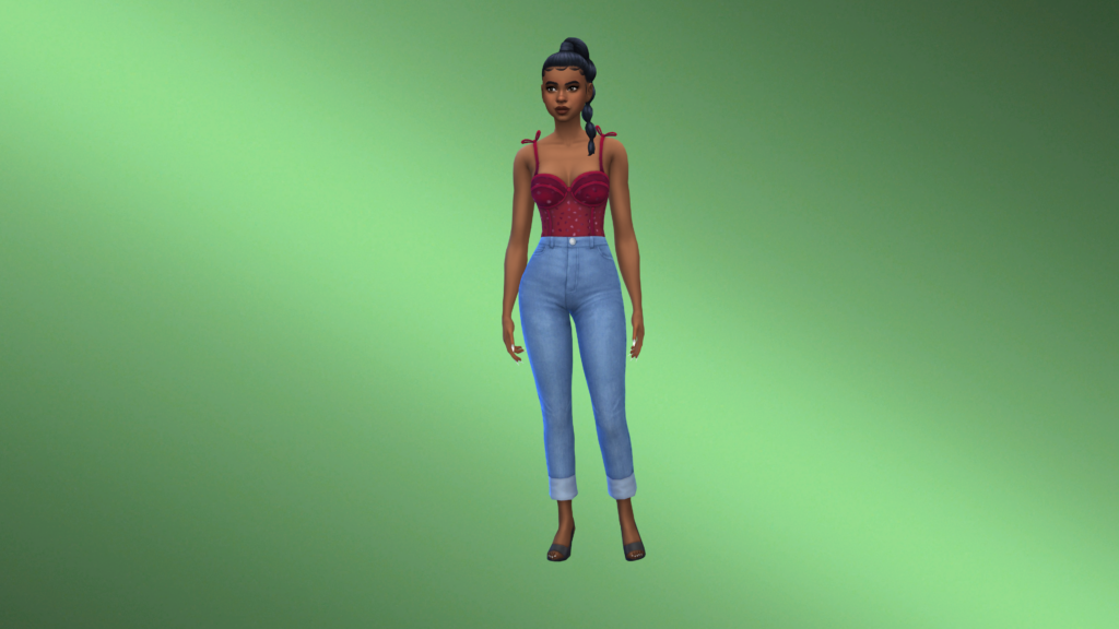 A sim in high waisted blue jeans and a red corset bodysuit with their hair in a braid. This sim is standing on a green cas background that has a lighter beam of light going diagonally from top left to bottom right.