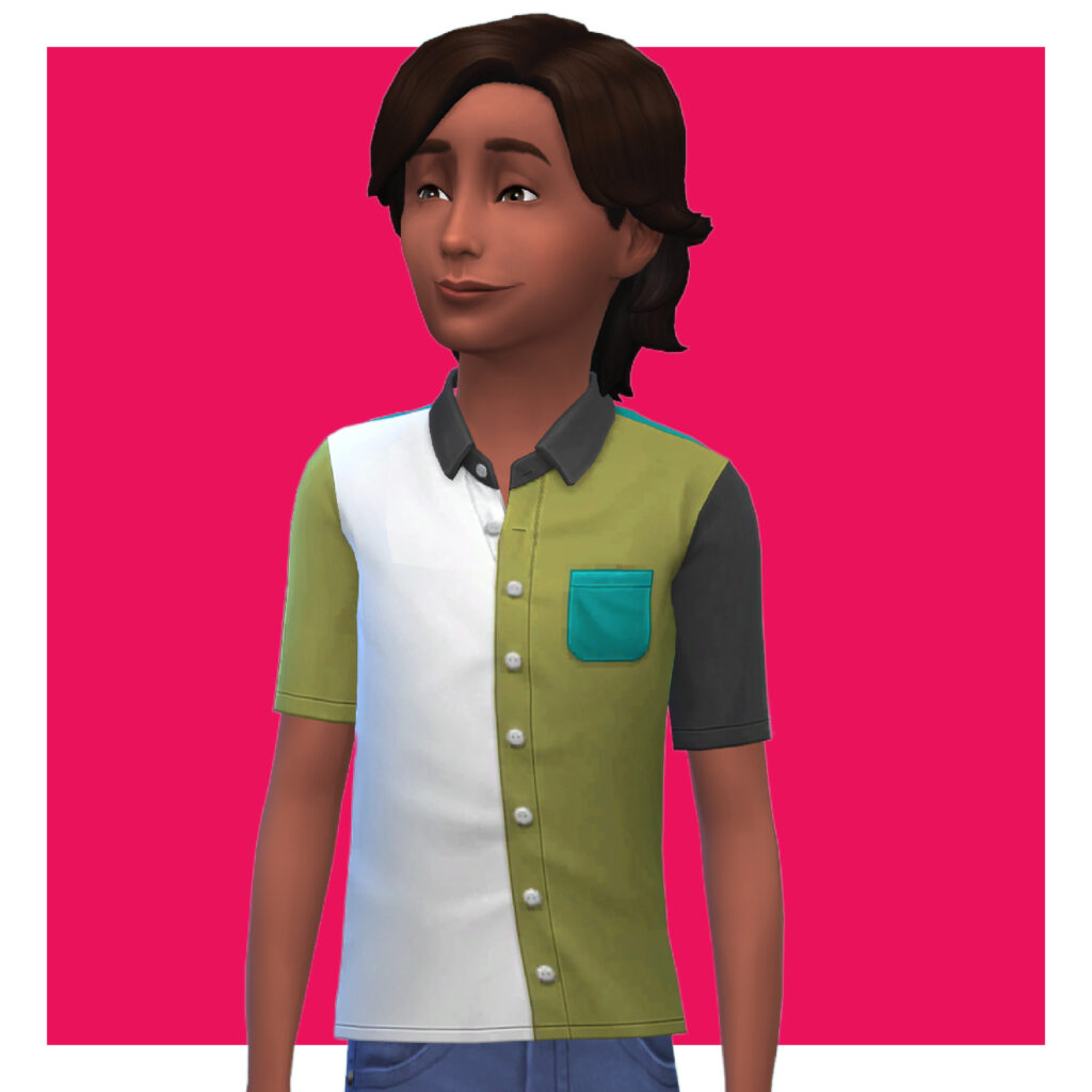 A child from The Sims 4 on a bright pink background. This child is wearing a collared colour block shirt with a blue pocket, one side white and one side green.