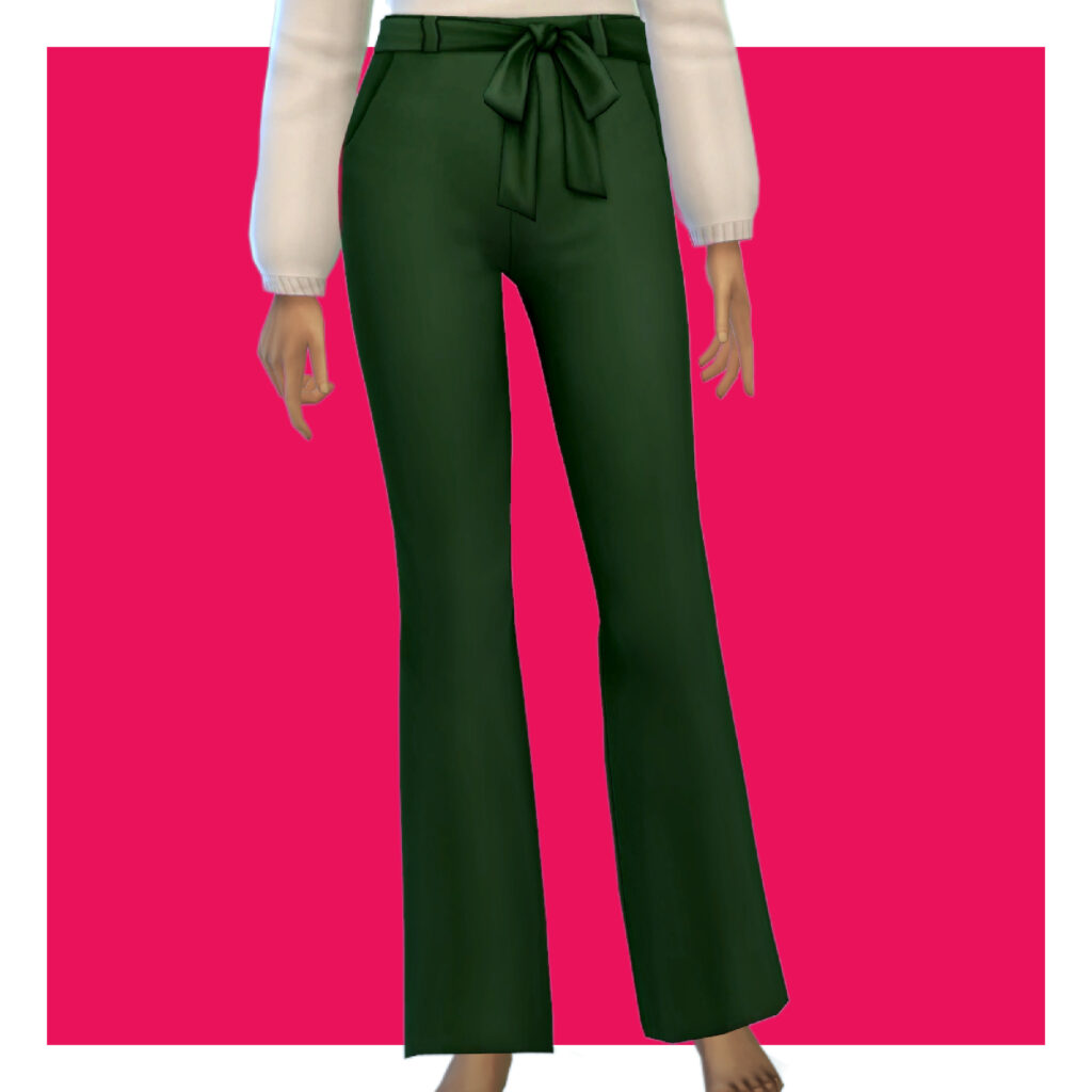 A sim on a pink background wearing dark green pants with a ribbon tied in a bow as the belt.