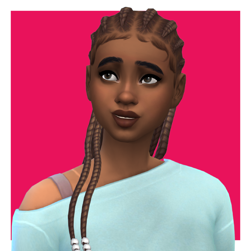 A character from The Sims on a pink background. This sim has a blue off the shoulder sweater on and their hair is in braids with beads at the bottom.
