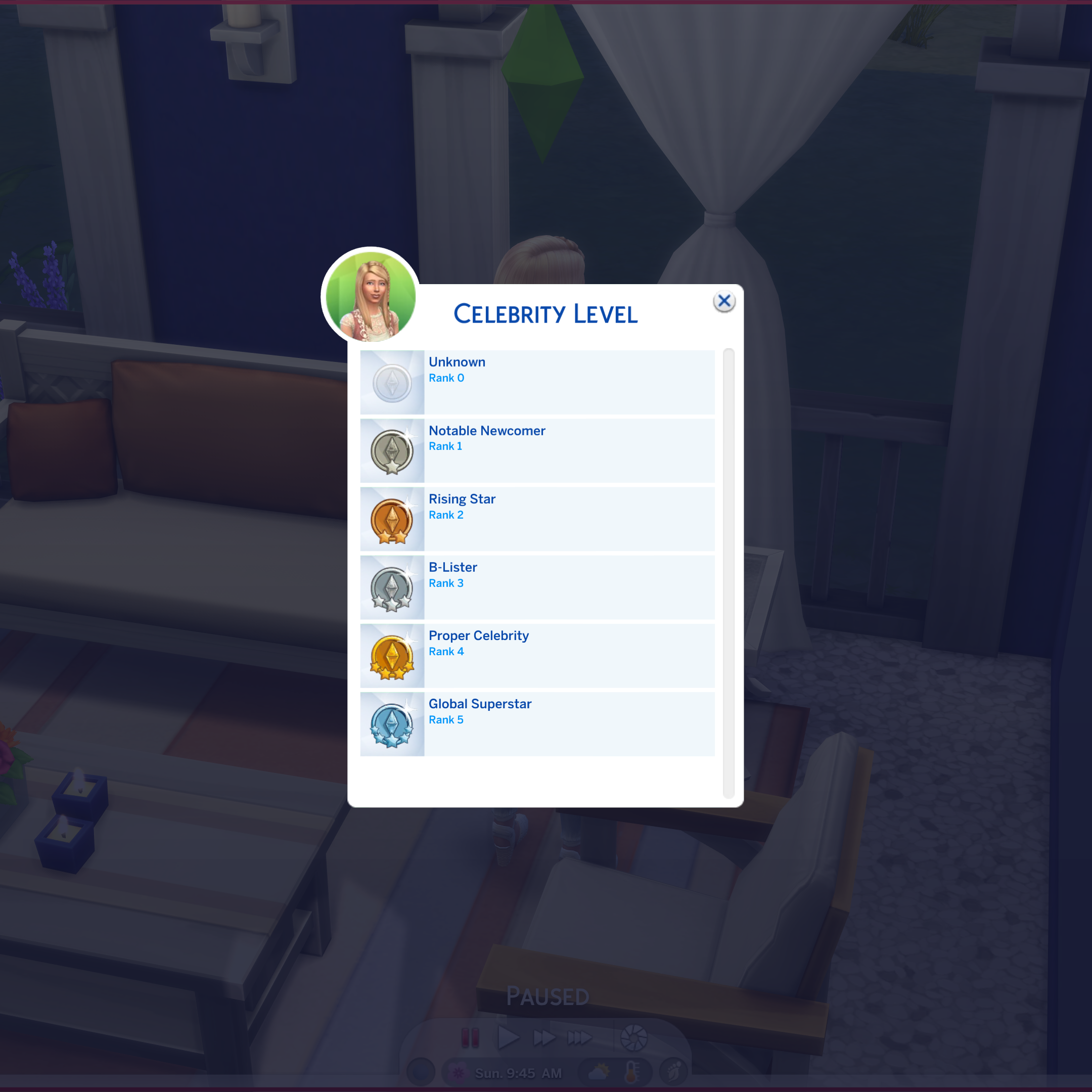 The UI Cheats menu for changing your sim's celebrity level in the sims 4.
