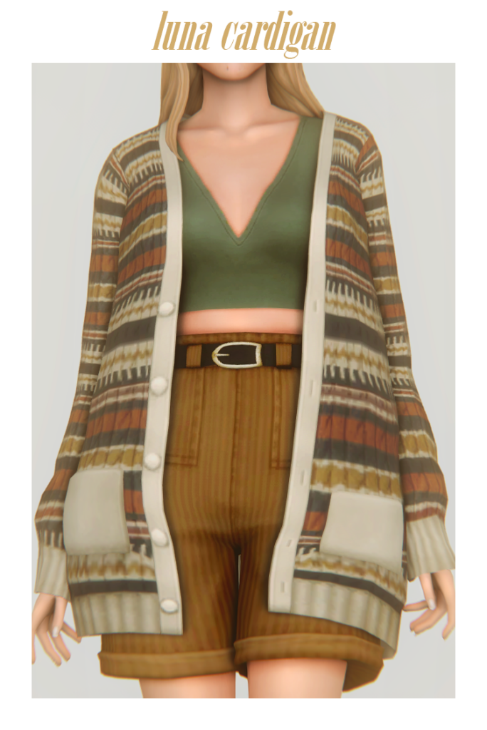 A sim wearing a green cropped tank top with a brown pair of high-waisted shorts, they are also wearing a patterned oversized cardigan. 