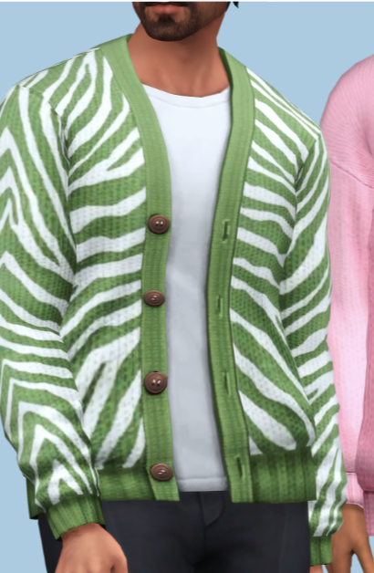 An image of a sim where their face is cropped out, they are wearing a white t-shirt with a green and white zebra striped sweater on top. 