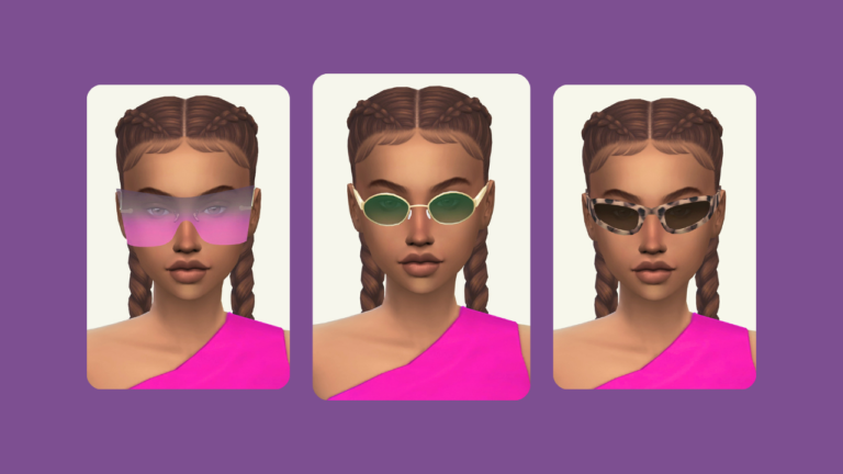 This image has a purple background with three images. The images all have rounded edges and feature a sim with their hair in french braids wearing different sunglasses