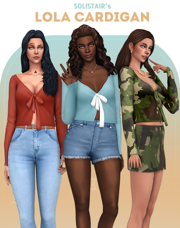 Three different sims in different pants all wearing the same sweater in different swatches. 
