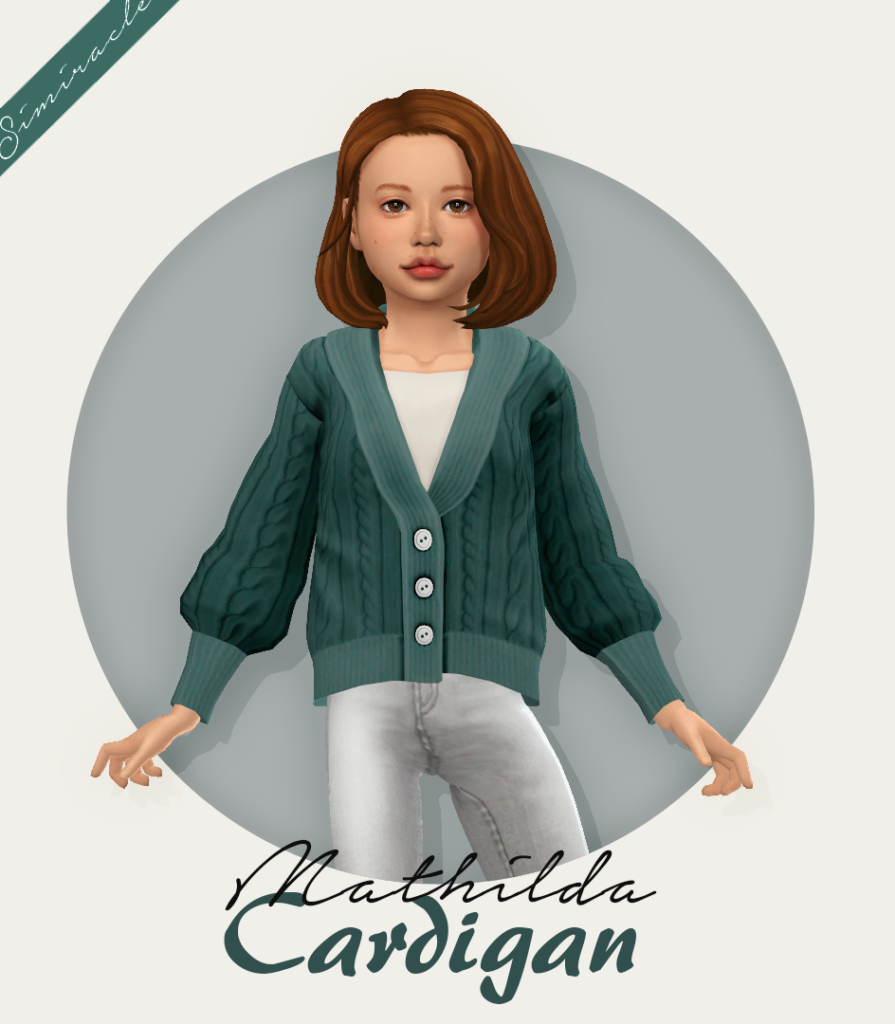 A sim posing with their arms out with reddish brown hair and a green cardigan sweater