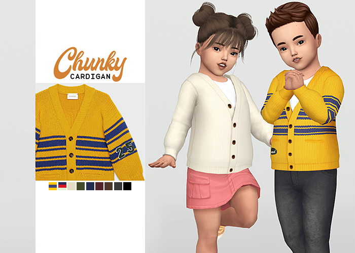 A male and a female toddler from The Sims 4 standing next to each other in matching cardigans and different poses. 