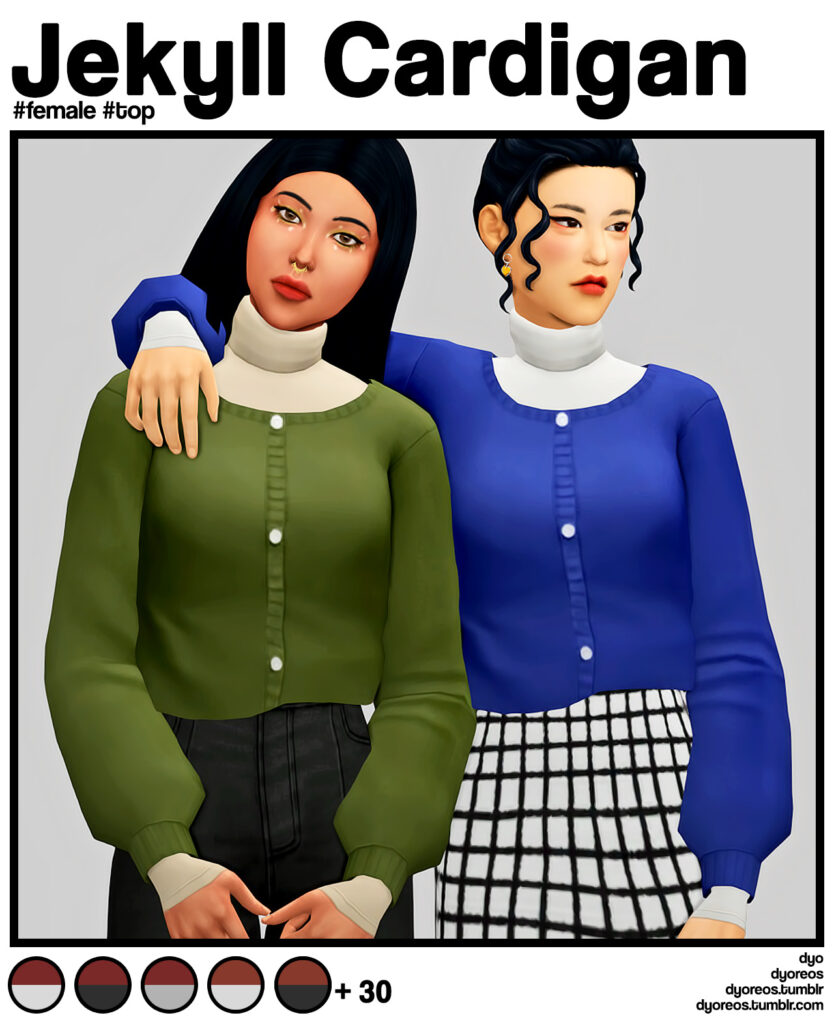Two female sims with their arms around one another, the are both wearing the same cardigan sweater in blue and green. 