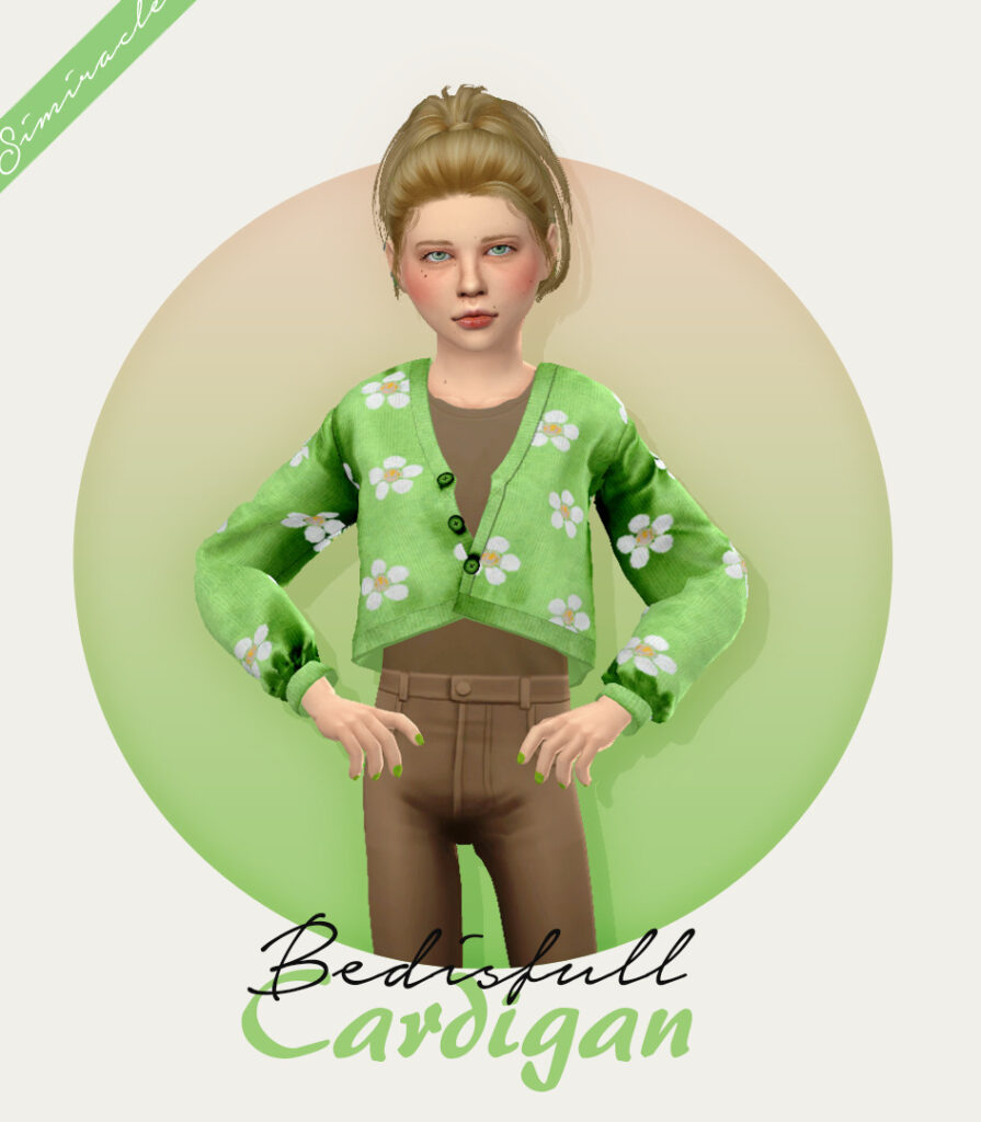 A blonde child from The Sims 4 who is wearing a cc cardigan that is bright green with white daisies. They are also wearing a brown tank top and brown pants with their nails painted green.
