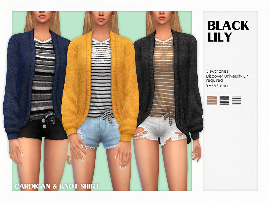 The same sim 3 times with their head cropped out of the image. They are all wearing shorts with a striped top that is tied at the hip, and a cardigan. 