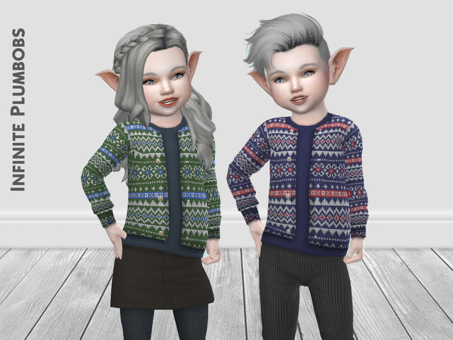 Two toddlers from The Sims 4 standing next to each other posing in festive cc cardigans. 