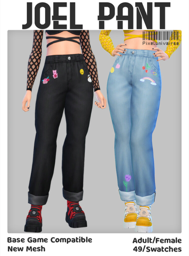 This image shows two sims that are cropped right under the bust to show off their sims 4 cc jeans. The jeans are high-waisted with a cuffed hem and little patches on the hips of rainbows, flowers and smileys. 