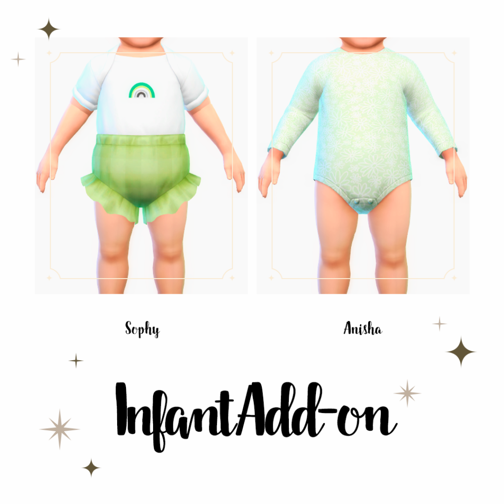 A white background with two infants standing with their arms out to the side, they have their faces cropped out. They are wearing sims 4 infant cc outfits.