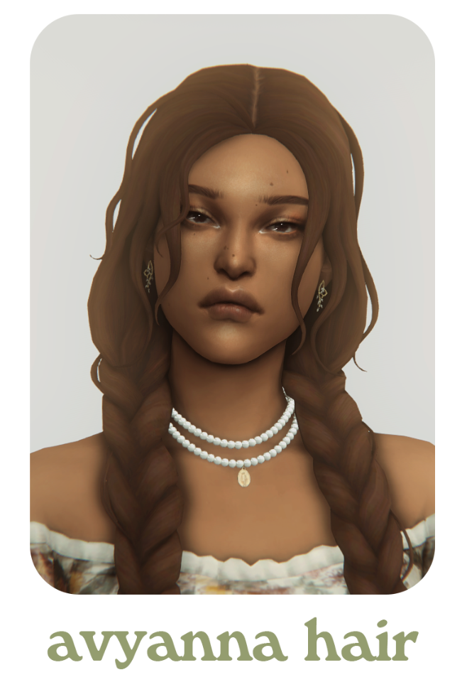 A sim wearing an off the shoulder top and white necklaces, they have their hair in sims 4 cc braids as pigtails.