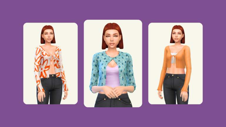 This image has a purple background with three images. In the images is a sim with a red hair in a bob wearing black jeans and different cardigans.