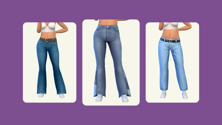 This image has a purple background with three rounded-edge images of a sim from the waist down wearing jeans