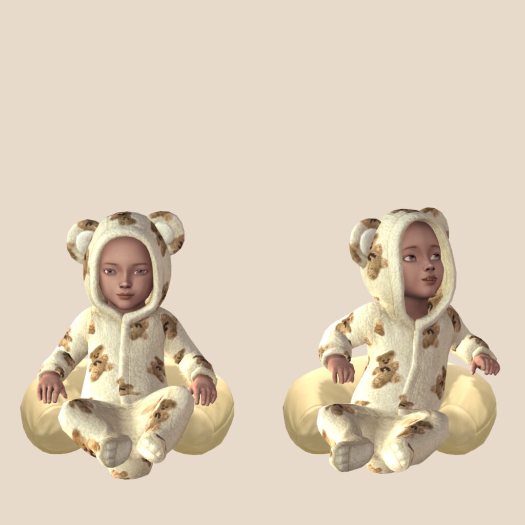 A beige background with two sims 4 infant aged sims on it. They are wearing onesies and sitting at a pillow.