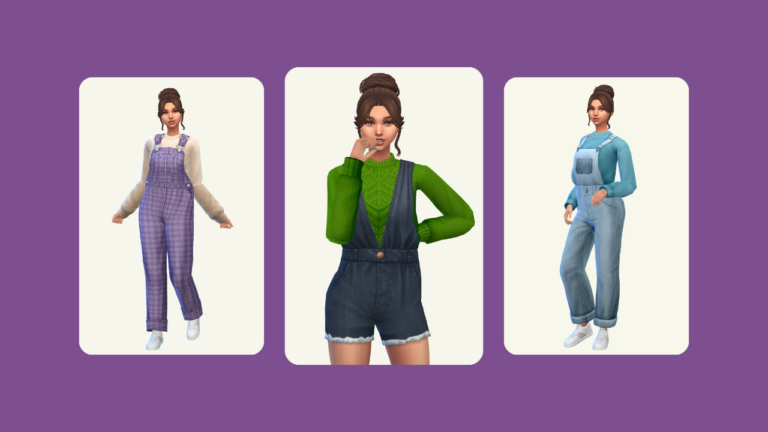 This image has a purple background with three images of a brown haired sim wearing different cc overalls.