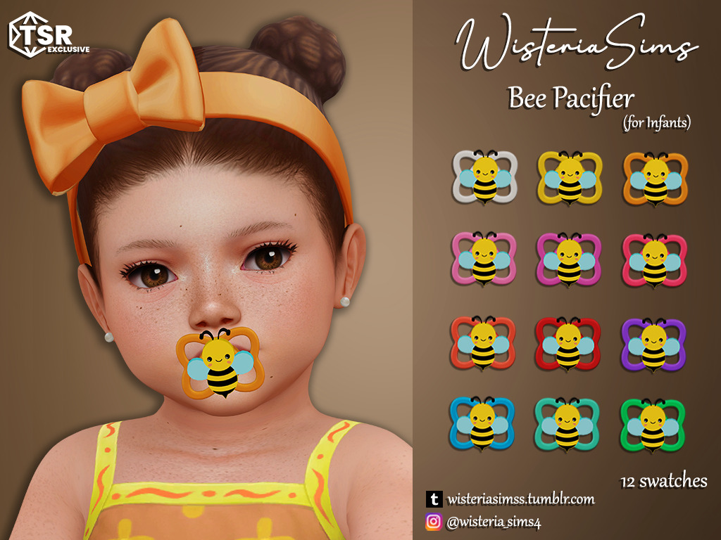 A brown background with an infant from The Sims 4 on top. They are wearing a cc pacifier with a bumblebee in the center.