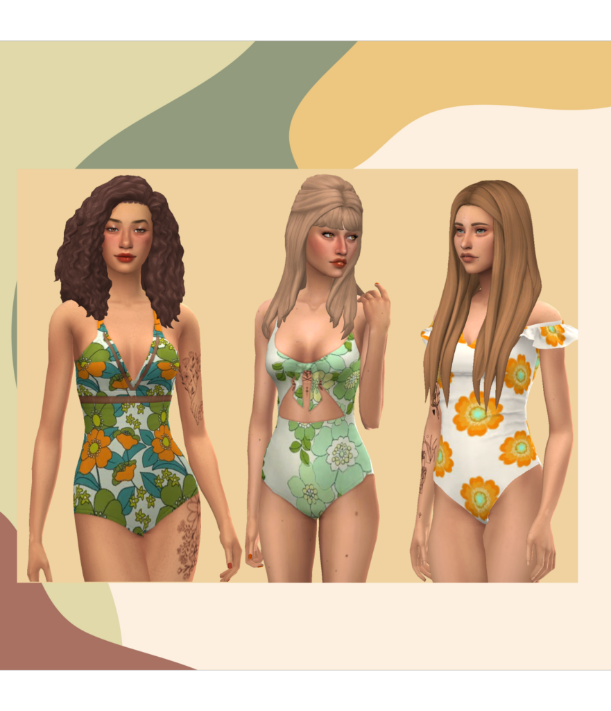 Three sims wearing bathing suit that are in retro prints