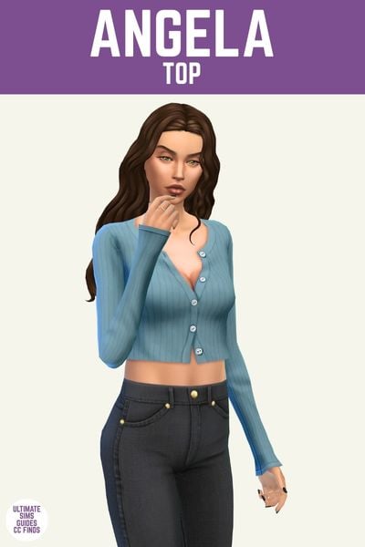 This image has a purple bar at the top with white text that reads "Angela Top" and below is a sim with brown hair, black jeans and a blue ribbed cardigan 