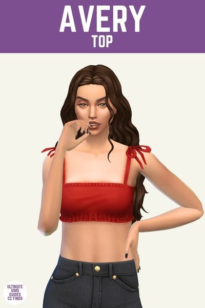 This image has a purple bar at the top with white text that reads "Avery Top" and below is a sim with brown hair wearing black jeans and a bra top in red with straps that are bows 