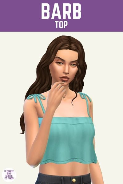 This image has a purple bar at the top with white text that reads "Barb Top" and below is a sim wearing a teal cropped tank top with bows for straps