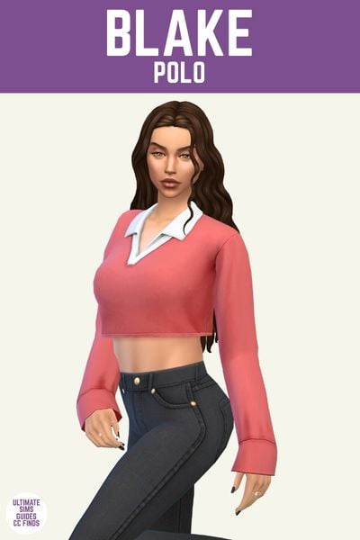 This image has a purple bar at the top with white text that reads "Blake Polo" and below is a sim wearing black jeans and a pink polo shirt with a white collar. 