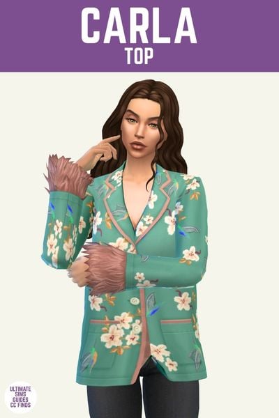 This image has a purple bar at the top with white text that reads "Carla Top" and below is a sim wearing a blazer style top with feather wrists and a floral pattern 
