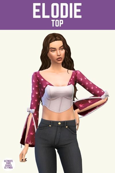 This image has a purple bar at the top with white text that reads "Elodie Top" and below is a sim with a little corset blouse top on 
