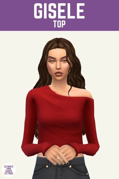 This image has a purple bar at the top with white text that reads "Gisele Top" and below is a sim wearing a one-side off the shoulder long sleeve top in red 