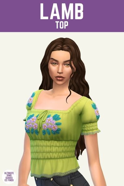 This image has a purple bar at the top with white text that reads "Lamb Top" and below is a sim. The sim has brown hair and is wearing a green peasant style top 