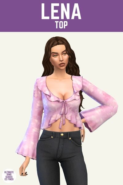 This image has a purple bar at the top with white text that reads "Lena Top" and below is a sim with black jeans and a pink top with ruffle edges and long sleeves 