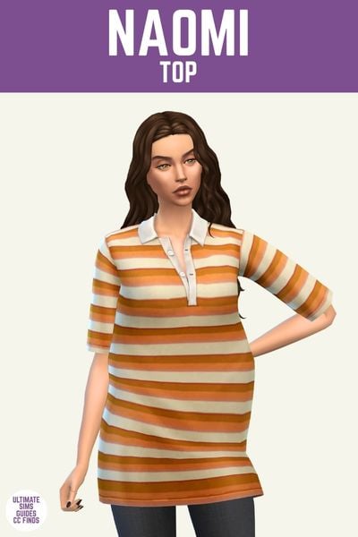 This image has a purple bar at the top with white text that reads "Naomi Top" and below is a sim wearing a striped polo shirt in orange and yellow 