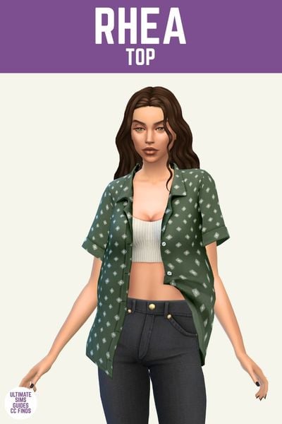 This image has a purple bar at the top with white text that reads "Rhea Top" and below is a sim with black jeans wearing a white tank top and a button up shirt on top 