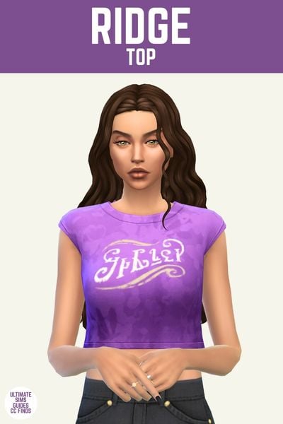 This image has a purple bar at the top with white text that reads "Ridge Top" and below is a sim with brown hair wearing a purple graphic t-shirt 