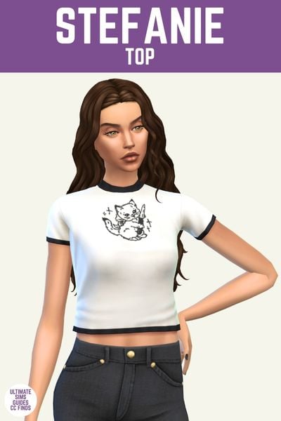 This image has a purple bar at the top with white text that reads "Stefanie Top" and below is a sim with brown hair wearing a white t-shirt with a cat holding a knife on it 