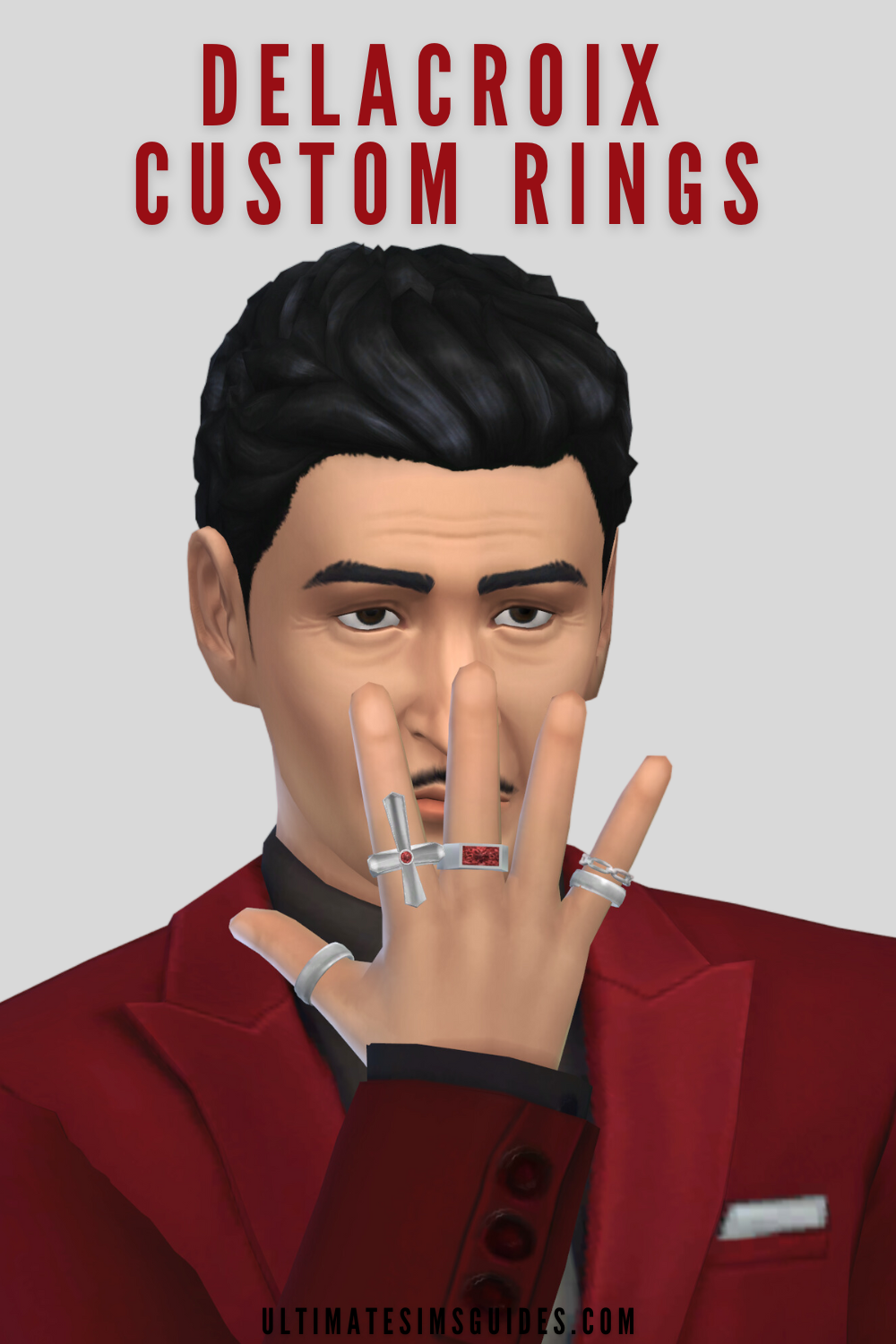 Mortimer Goth, a character from The Sims 4, posing in a red suit with his hand in front of his face showing off some goth cc rings with a cross in silver.