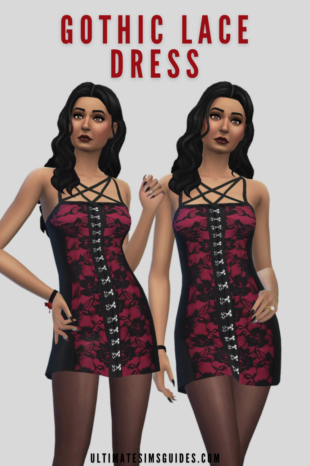 The words "Gothic Lace Dress" in red text on top of a grey background, under that is two images of the same sim who are wearing tights, a red and black lace dress, and a bracelet.