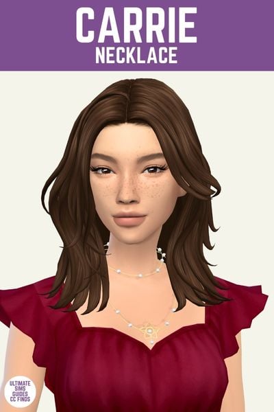 This image has a purple bar at the top with white text that says "Carrie Necklace" and below is a sim wearing a dark red shirt and a layered pearl necklace 