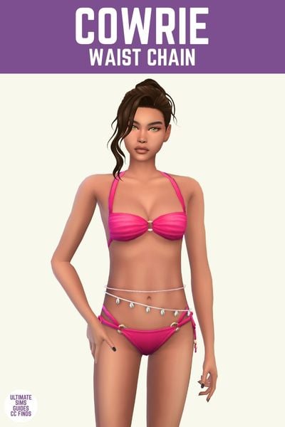 This image has a purple bar at the top with white text that says "Cowrie Waist Chain" and below is a sim in a pink bikini with a metal waist chain with shells hanging down from it