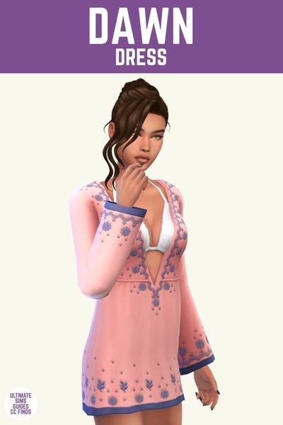 This image has a purple bar at the top with white text that says "Dawn Dress" and below is a sim wearing a white bathing suit top under a long sleeve pink dress with purple edges