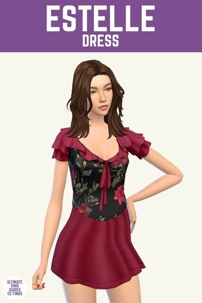 This image has a purple bar at the top with white text that says "Estelle Dress" and below is a sim wearing a dark red and black floral dress. 