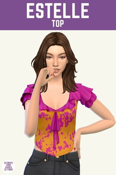 This image has a purple bar at the top with white text that says "Estelle Top" and below is a sim from the hips up and they have brown hair and are wearing an orange and magenta top 