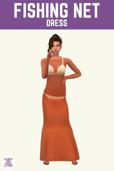 This image has a purple bar at the top with white text that says "Fishing Net Dress" and below is a sim posed in an orange fishing net dress