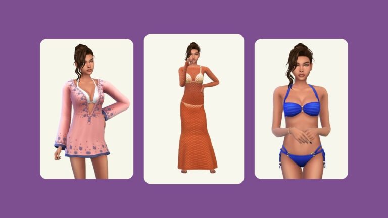 This image has a purple background with three rounded-edge rectangles and inside of each of the rectangles are sims posing in different summer beach clothes
