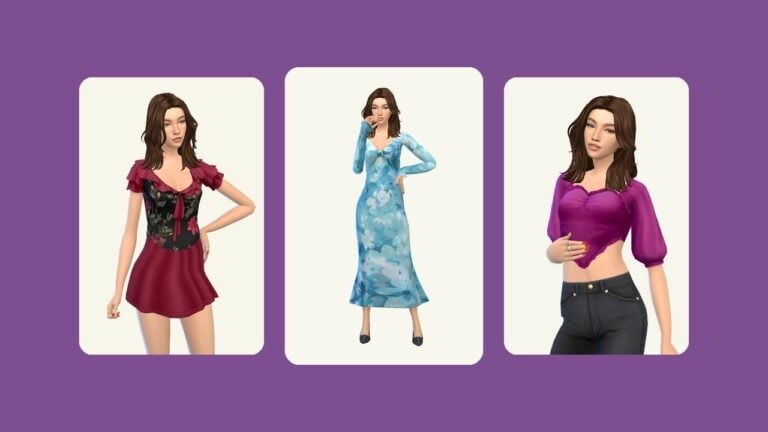 This image has a purple background with three rounded-edge rectangles. Inside of those rectangles is a sim with brown hair posed in different floral clothing pieces