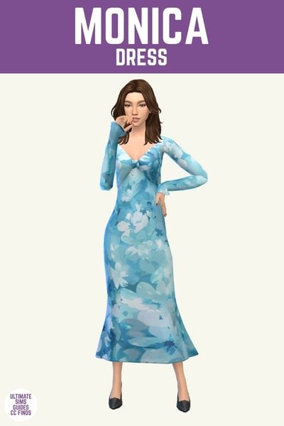 This image has a purple bar at the top with white text that says "Monica Dress" and below is a sim wearing a long sleeve dress with blue flowers 