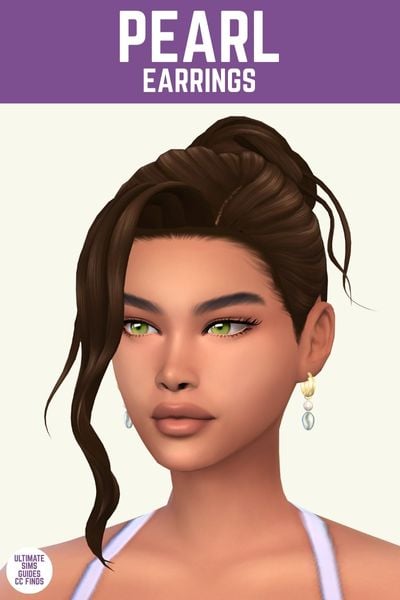 This image has a purple bar at the top with white text that says "Pearl Earrings" and below is a sim wearing earrings with a pearl and shell